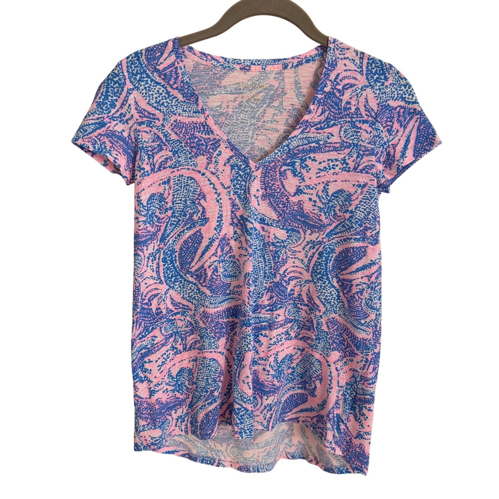 Lilly Pulitzer Pink Blue Abstract Coastal‎ V-Neck Cotton T-Shirt XXS 001504